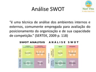 Análise SWOT 
“é uma técnica de análise dos ambientes internos e 
externos, comumente empregada para avaliação do 
posicionamento da organização e de sua capacidade 
de competição.” (SERTEK, 2009 p. 118) 
 