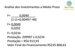 Análise dos Investimentos a Médio Prazo 
F= ____ 0,0049____ 
[1-(1+0,0049)^-48] 
F= 0,0049 
0,0292 
F= 0,0234 
Prestação: 209997 x 0,0234 
Prestação = R$4.913,93 
Valor Final do Financiamento R$235.868,63 
 