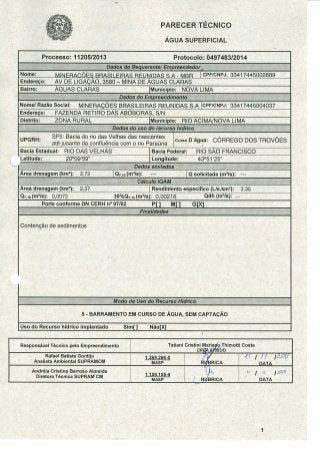 Parecer Técnico Supram - Processo de Outorga n° 11205 2013