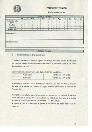 Parecer técnico da Supram - Processo de outorga nº 11206 2013