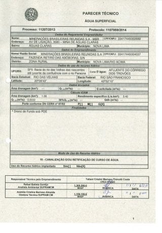 Parecer técnico Supram - Processo de outorga nº 11207/2013