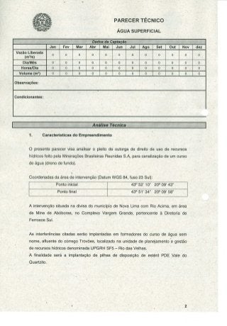 Parecer técnico Supram - Processo de outorga nº 11207/2013