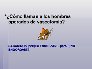 *¿Cómo llaman a los hombres operados de vasectomía?  SACARINOS, porque ENDULZAN... pero ¡¡¡NO ENGORDAN!!!  