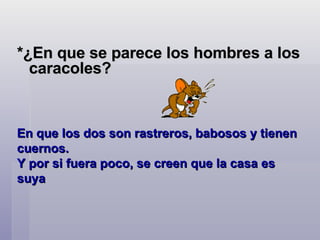 *¿En que se parece los hombres a los caracoles? En que los dos son rastreros, babosos y tienen cuernos.  Y por si fuera poco, se creen que la casa es suya 