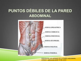 CIRUGIA DE LAS HERNIAS DE LA PARED ABDOMINAL
JORGE F. ABRAHAM ARAP, 2ª ED, 2010
 