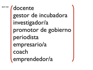que soy:
           docente
           gestor de incubadora
           investigador/a
           promotor de gobierno
           periodista
           empresario/a
           coach
           emprendedor/a
 