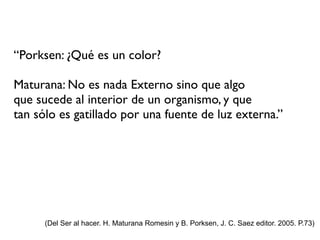 “Porksen: ¿Qué es un color?

Maturana: No es nada Externo sino que algo
que sucede al interior de un organismo, y que
tan sólo es gatillado por una fuente de luz externa.”




      (Del Ser al hacer. H. Maturana Romesin y B. Porksen, J. C. Saez editor. 2005. P.73)
 