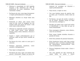 PARE DE FUMAR – Deus quer te abençoar
¯¯¯¯¯¯¯¯¯¯¯¯¯¯¯¯¯¯¯¯¯¯¯¯¯¯¯¯¯¯¯¯¯¯¯¯¯¯¯¯¯¯¯¯¯¯¯¯¯¯¯¯¯¯¯¯¯¯¯¯¯¯¯¯¯¯¯
¯¯¯¯¯¯¯¯¯¯¯¯¯¯¯¯¯¯¯¯¯¯¯¯¯¯¯¯¯¯¯¯¯¯¯¯¯¯¯¯¯¯¯¯¯¯¯¯¯¯¯¯¯¯¯¯¯¯¯¯¯¯¯¯¯¯¯
101
• Diminua a quantidade de café ingerida
durante o dia. Substitua por chá, de
preferência de ervas calmantes, como
camomila e melisa.
• Na fissura do vício, tome água lentamente
e respire profundamente a cada gole.
• Mastigue chicletes ou chupe balas sem
açúcar.
• Fechando os olhos, pelo menos duas
vezes ao dia, tente se imaginar em um
cenário onde você parou de fumar e não
sente mais a falta do fumo.
• Alimente-se ingerindo porções pequenas,
a cada duas horas, como gelatina,
laranja, maçã, nozes, damasco, cenoura e
espinafre.
• Inspire e expire profundamente por 5
minutos, cada vez que sentir vontade de
fumar.
• Na fissura do vicio, ande ou corra por 5
minutos.
• Pratique exercícios aquáticos, como
natação e hidroginástica.
• Faça ioga ou alongamento.
• Na fissura do vicio, tome um banho bem
quente e demorado. Pingue um pouco de
PARE DE FUMAR – Deus quer te abençoar
¯¯¯¯¯¯¯¯¯¯¯¯¯¯¯¯¯¯¯¯¯¯¯¯¯¯¯¯¯¯¯¯¯¯¯¯¯¯¯¯¯¯¯¯¯¯¯¯¯¯¯¯¯¯¯¯¯¯¯¯¯¯¯¯¯¯¯
¯¯¯¯¯¯¯¯¯¯¯¯¯¯¯¯¯¯¯¯¯¯¯¯¯¯¯¯¯¯¯¯¯¯¯¯¯¯¯¯¯¯¯¯¯¯¯¯¯¯¯¯¯¯¯¯¯¯¯¯¯¯¯¯¯¯¯
102
essência de eucalipto no chuveiro e
aspire profundamente.
• Faça sauna, a vapor ou seca.
• Use uma bolinha macia de apertar com
as mãos, por 5 minutos, várias vezes ao
dia.
• Na fissura, use pau de canela e simule o
ato de fumar. Quando cansar de fazer
este exercício, mastigue-o.
• Escolha um salmo com o qual você tenha
se identificado e o leia toda vez que se
sentir desanimado.
• Faça massagem relaxante, como shiatsu,
uma vez na semana.
• Evite tomar bebida alcoólica durante a
parada de fumar.
• Evite ficar próximo de pessoas fumantes.
• Evite freqüentar locais onde haja muitos
fumantes, pois a nicotina inspirada pode
lhe desencadear posteriormente uma
crise de abstinência.
• Procure freqüentar locais onde o fumo é
proibido.
• Use uma gotinha de óleo essencial de
capim limão no pulso e cheire
 