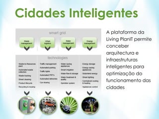 Cidades Inteligentes
              A plataforma da
              Living PlanIT permite
              conceber
              arquitectura e
              infraestruturas
              inteligentes para
              optimização do
              funcionamento das
              cidades
 