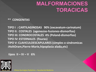 ** CONGENITAS
TIPO I : CARTILAGINOSAS 90% (excavatum-carinatum)
TIPO II: COSTALES (agenesias-fusiones-dismorfias)
TIPO III: CONDROCOSTALES 4% (Poland-dismorfias)
TIPO IV: ESTERNALES (fisuras)
TIPO V: CLAVICULOESCAPULARES (simples o sindromicas
:HoltOram,Pierre-Marie,hipoplasia alada,etc)
tipos II – IV – V 6%
Clínica Quirúrgica Pediátrica – Facultad de Medicina
 