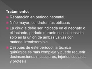 Tratamiento:
 Reparación en periodo neonatal.
 Niño mayor: condrotomías oblicuas
 La cirugía debe ser indicada en el neonato o
el lactante, período durante el cual consiste
sólo en la unión de ambas valvas con
material irreabsorbible.
 Después de este período, la técnica
quirúrgica es más compleja y puede requerir
desinserciones musculares, injertos costales
y prótesis
 