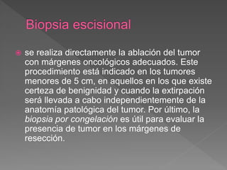  se realiza directamente la ablación del tumor
con márgenes oncológicos adecuados. Este
procedimiento está indicado en los tumores
menores de 5 cm, en aquellos en los que existe
certeza de benignidad y cuando la extirpación
será llevada a cabo independientemente de la
anatomía patológica del tumor. Por último, la
biopsia por congelación es útil para evaluar la
presencia de tumor en los márgenes de
resección.
 
