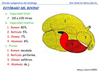 Estudio comparativo del estómago 
Dra. Emérita Abreu García 
ESTÓMAGO DEL BOVINO 
c 
a. Capacidad total: 
 110 a 235 litros. 
b. Capacidad relativa: 
1.Rumen: 80%. 
2.Retículo: 5%. 
3.Omaso: 7%. 
4.Abomaso: 8%. 
c.Forma: 
1.Rumen: saculado. 
2.Retículo: piriforme. 
3.Omaso: esférico. 
4.Abomaso: de j. 
1 
2 
3 
4 
König y Liebich (2005)  