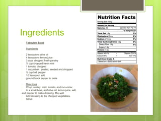 Ingredients
 Tabouleh Salad
 Ingredients
 2 teaspoons olive oil
 4 teaspoons lemon juice
 3 cups chopped fresh parsley
 ¼ cup chopped fresh mint
 1 tomato, chopped
 1 cucumber - peeled, seeded and chopped
 ½ cup bell pepper
 1/2 teaspoon salt
 ground black pepper to taste
 Directions
 Chop parsley, mint, tomato, and cucumber.
 In a small bowl, add olive oil, lemon juice, salt,
and pepper to make dressing. Mix well.
 Add dressing to the chopped vegetables.
 Serve
 