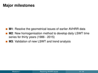 Geometrical issues with AVHRR sensor data
Navigational discrepancies due to on board clock errors and
satellite orbital angular errors
Orbital drifts of the NOAA satellites
Miestone 1 Resolving AVHRR issues 16 / 44
 