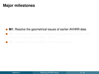 Geometrical issues with AVHRR sensor data
Navigational discrepancies due to on board clock errors and
satellite orbital angular errors
Orbital drifts of the NOAA satellites
Miestone 1 Resolving AVHRR issues 16 / 44
 