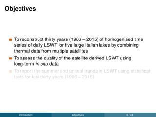 Background (1/3)
Satellite sensors record the reﬂected energy in the optical range,
while they record the emitted energy in the thermal region
All objects with a temperature above absolute zero
(0 K or -273.15 ◦C) emit electromagnetic radiation
Introduction Background 7 / 44
 