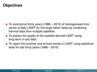 Background (1/3)
Satellite sensors record the reﬂected energy in the optical range,
while they record the emitted energy in the thermal region
All objects with a temperature above absolute zero
(0 K or -273.15 ◦C) emit electromagnetic radiation
Introduction Background 7 / 44
 