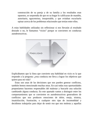 construcción de su pareja y de su familia y los resultados eran
opuestos, se sorprendía de que en su hogar lo calificaran de mandón,
autoritario, egocentrista, insoportable, y que evitaban escucharlo
opinar acerca de los problemas relacionales que tenían entre ellos.
A estas habilidades utilizadas sin reflexionar si nos llevarán al resultado
deseado o no, le llamamos “vicios” porque se convierten en conductas
autodestructivas.
Explicábamos que la línea que convierte una habilidad en vicio es la que
responde a la pregunta: ¿esta conducta me lleva a lograr los objetivos que
quiero para mi vida?
Estas son unas de las decisiones que nos pueden generar conflictos,
también hemos mencionado muchas otras. En casi todas esas oportunidades
proponíamos hacernos responsables del malestar y buscarle una solución
cambiando alguna conducta. En este apartado vamos a distinguir entre los
comportamientos que se convierten en autodestructivos generadores de
conflictos que nos producen emociones de dolor, enojo, tristeza,
insatisfacción, frustración, o cualquier otro tipo de incomodidad y
decidimos trabajarlas para dejar de sentir eso que nos molesta y aquellas
 