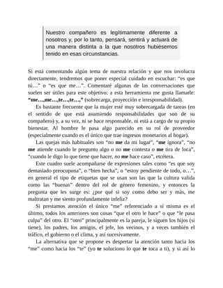 Nuestro compañero es legítimamente diferente a
nosotros y, por lo tanto, pensará, sentirá y actuará de
una manera distinta a la que nosotros hubiésemos
tenido en esas circunstancias.
Si está comentando algún tema de nuestra relación y que nos involucra
directamente, tendremos que poner especial cuidado en escuchar: “es que
tú…” o “es que me…”. Comentaré algunas de las conversaciones que
suelen ser útiles para este objetivo: a esta herramienta me gusta llamarle:
“me…,me…,te…,te…,” (sobrecarga, proyección e irresponsabilidad).
Es bastante frecuente que la mujer esté muy sobrecargada de tareas (en
el sentido de que está asumiendo responsabilidades que son de su
compañero) y, a su vez, ni se hace responsable, ni está a cargo de su propio
bienestar. Al hombre le pasa algo parecido en su rol de proveedor
(especialmente cuando es el único que trae ingresos monetarios al hogar).
Las quejas más habituales son “no me da mi lugar”, “me ignora”, “no
me atiende cuando le pregunto algo o no me contesta o me tira de loca”,
“cuando le digo lo que tiene que hacer, no me hace caso”, etcétera.
Este cuadro suele acompañarse de expresiones tales como “es que soy
demasiado preocupona”, o “bien hecha”, o “estoy pendiente de todo, o…”,
en general el tipo de etiquetas que se usan son las que la cultura valida
como las “buenas” dentro del rol de género femenino, y entonces la
pregunta que les surge es: ¿por qué si soy como debo ser y más, me
maltratan y me siento profundamente infeliz?
Si prestamos atención el único “me” referenciado a sí misma es el
último, todos los anteriores son cosas “que el otro le hace” o que “le pasa
culpa” del otro. El “otro” principalmente es la pareja, le siguen los hijos (si
tiene), los padres, los amigos, el jefe, los vecinos, y a veces también el
tráfico, el gobierno o el clima, y así sucesivamente.
La alternativa que se propone es despertar la atención tanto hacia los
“me” como hacia los “te” (yo te soluciono lo que te toca a ti), y si así lo
 