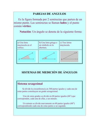 PAREJAS DE ANGULOS        Es la figura formada por 2 semirectas que parten de un mismo punto. Las semirectas se llaman lados y el punto común vértice.         Notación: Un ángulo se denota de la siguiente forma:   a) Una letra mayúscula en el vértice.b) Una letra griega o un símbolo en la abertura.c) Tres letras mayúscula.  SISTEMAS DE MEDICIÓN DE ÁNGULOS   Sistema sexagesimal          Se divide la circunferencia en 360 partes iguales y cada una de estas partes constituyen un grado sexagesimal.            Uno de estos grados se divide en 60 partes iguales (60’) que corresponden, cada una de ellas, a un minuto.            Un minuto se divide nuevamente en 60 partes iguales (60quot;
) correspondiendo cada una de estas partes a un segundo. TIPOS DE ÁNGULOSAl medir un ángulo se hace contra el movimiento de las manecillas de un reloj, en este caso se considera un ángulo positivo.Tipo de ángulo Cóncavo  0° <  < 180°        Águdo 0° <  < 90°         Recto    = 90°        Obtuso 90° <  < 180°      Convexo 180° <  < 360°        Extendido   = 180°         Completo  = 360°Por ejemplo, el ángulo obtuso está comprendido entre 90° y 180°, no incluyendo estos valores.PAREJA DE ÁNGULOSÁngulos  adyacentes Son ángulos que tienen un lado común y los otros dos pertenecen a la misma recta.   Ángulos  consecutivos Son ángulos que tienen un lado común y el mismo vértice.    <BAC es adyacente con <DAC Ángulos opuestos por el vértice - Dos líneas que se intersectan generan ángulos opuestos por el vértice.  - Son ángulos no adyacentes.   <1, <2, <3 y <4   - Son ángulos   congruentes:  <1 = <2 y <3 = <4Ángulos complementarios - Es un tipo especial de ángulo adyacente cuya particularidad es que suman 90°.     El <BAC es adyacente al <DAC y viceversa.Ángulos suplementarios - Es un tipo especial de ángulo adyacente cuya particularidad es que suman 180°.     El <BAC es adyacente al <DAC y viceversa. Ángulos formados por rectas paralelas cortadas por una transversal.      Tipos de ángulos formados Ángulos correspondientes entre paralelas.  1 = 5 2 = 6 3 = 7 4 = 8 Ángulos alternos entre paralelas. 1 = 7 2 = 8 3 = 54 = 6 Son suplementarios Ángulos contrarios o conjugados.1  6 2  5 3  8 4  7  Ángulos colaterales. 1  8 2  7 3  6 4  5   Principal > >Ángulos Las páginas más visitadas son: Los 4 ebooks más descargados ¡Gratis!  Los 10 mejores artículos HBB 8 ejercicios para entrenar tu cerebro      Busca Amigos onlineSólo necesitas vocación para ser millonarioNecesito 5 personas que estén dispuestas a ganar dinero sin tener que realizar inversiones, o sea,  prácticamente gratis, con el mejor programa de negocios.http://solfitec.net/?ref=1124 <br />    <br />CLASES DE ANGULOS<br />ANGULOS<br />Cuando dos rectas se encuentran y forman cuatro religiones llamadas ángulos. Cada ángulo esta limitado por dos lados y un vértice.<br />Es la abertura entre dos lados, los cuales tienen un punto común llamado vértice.<br />El lado desde el cual se empieza a medir el ángulo se llama Codo Inicial, y aquel donde se termina se llama Lado Terminal.<br />Para ver el gráfico seleccione la opción quot;
Descargarquot;
 del menú superior<br />Tipos de Ángulos<br />Angulo Convexo: Se llama ángulo convexo R N M a la intersección del semiplano de borde NM, que contiene el punto R, y el semiplano de borde NR, que contiene el punto N.<br />Angulo Cóncavo: Es el ángulo que se obtiene si consideramos la unión de los semiplanos anteriores.<br /> Ángulos Consecutivos: Son los pares de ángulos que tienen un lado común y ningún otro punto mas.<br />Ángulo Llano: Cuando los lados de un ángulo son dos semirrectas de una misma recta, el ángulo se llama llano.<br />Para ver el gráfico seleccione la opción quot;
Descargarquot;
 del menú superior<br />Ángulos Rectos: Sean dos semirrectas de origen de un origen común O y supongámoslas prolongadas hasta formar dos rectas, a y b, que se cortan en O y que dividen al plano en 4 regiones a, b, c y d, cada una de ellas correspondiente a un ángulo. Cuando esos cuatro ángulos son iguales, se dice que cada uno de ellos es un ángulo recto y que sus lados son perpendiculares.<br />Angulos Oblicuos: Las rectas que se cortan formando ángulos desiguales se llaman oblicuas. A estos ángulos que no son rectos se les llaman oblicuos.<br />Agudos: Si son menores que un recto.<br />Obtusos: Si son mayores que un recto.<br />MEDIDA DE ANGULOS<br />Para medir ángulos se emplean fundamentalmente dos sistemas: el que utiliza como unidad el grado sexagesimal y el que utiliza como unidad el radián.<br />Medición de ángulos<br />Medir un ángulo es compararlo con otro que se toma por unidad de medida. Para medir los ángulos existen varios sistemas, siendo los más conocidos el sistema sexagesimal y el circular.<br />Sistemas de medidas angulares<br />Sistema Sexagesimal: en éste sistema la unidad de medida es el grado sexagesimal que corresponde a que se abrevia 1°; éste a su vez se divide en 60 partes iguales y corresponde a un minuto sexagesimal que se abrevia ; éste a su vez se divide en 60 partes iguales y corresponde a un segundo sexagesimal que se abrevia <br />. Para ver el gráfico seleccione la opción quot;
Descargarquot;
 del menú superior<br />Sistema Circular: en éste sistema la unidad de medida es el radian.<br />¿Qué es el radian?: El radian es un ángulo central que tiene como lados 2 radios de una circunferencia, cuyo arco es igual al radio de la circunferencia al cual pertenece.<br />Para ver el gráfico seleccione la opción quot;
Descargarquot;
 del menú superior<br /> = 3,141592654Siendo; <br />R = 1<br />Las unidades de medida que pasaré a estudiar pertenecen al sistema sexagesimal y circular.<br />Equivalencia entre los sistemas<br />Para ver el gráfico seleccione la opción quot;
Descargarquot;
 del menú superior<br />Ángulos Complementarios: Son los que miden 90º. <br />Ángulos Suplementarios: Son los que miden 180º<br />LONGITUD DE ARCO<br />Si ө es un ángulo central que mide un radian entonces la longitud del arco subtendido es igual al radio (r). Donde r es la longitud del radio.<br />Cuando en ángulo Ө mide 2 radianes, entonces la longitud del arco subtendido mide 2 r.<br />De manera general si el ángulo mide + radianes entonces la longitud de arco subtendido mide + r.<br /> <br />TRIÀNGULOS<br />Es la figura que consta de tres lados, tres ángulos y tres vértices.<br />Clasificación de los Triángulos:<br />Por sus Lados<br />Triangulo Equilátero:<br />Si tiene sus tres lados iguales.<br />Para ver el gráfico seleccione la opción quot;
Descargarquot;
 del menú superior<br />Triangulo Isósceles:<br />Si tiene dos lados iguales.<br />Para ver el gráfico seleccione la opción quot;
Descargarquot;
 del menú superior<br />Triangulo Escaleno:<br />Si sus tres lados son desiguales.<br />Para ver el gráfico seleccione la opción quot;
Descargarquot;
 del menú superior<br />Por sus Ángulos:<br />Triangulo Acutángulo:<br />Es el que tiene sus tres ángulos agudos.<br />Triangulo Rectángulo:<br />Es el que tiene un ángulo recto.<br />Para ver el gráfico seleccione la opción quot;
Descargarquot;
 del menú superior<br />Triángulo Obtusángulo:<br />Es el que tiene un ángulo obtuso.<br />Para ver el gráfico seleccione la opción quot;
Descargarquot;
 del menú superior<br />Los lados de un triangulo rectángulo reciben nombres especiales:<br />Catetos: Son los dos lados que forman el ángulo recto.<br />Hipotenusa: Es el lado opuesto al ángulo recto.<br />Dos de los ángulos son, necesariamente, agudos. El tercero puede ser también agudo, o bien recto u obtuso. Si los tres ángulos son agudos el triángulo se llama acutángulo, si tiene un ángulo recto, rectángulo y obtusángulo si el mayor de sus ángulos es obtuso.<br />Triángulos Rectángulos<br />Los triángulos rectángulos cumplen una serie de relaciones métricas importantes entre sus lados.<br />Los lados de un triángulo rectángulo que forman el ángulo recto, b y c, se llaman catetos y el tercer lado, a (opuesto al ángulo recto) es la hipotenusa. El teorema de Pitágoras relaciona los dos catetos y la hipotenusa: en un triángulo rectángulo, el cuadrado de la hipotenusa es igual a la suma de los cuadrados de los catetos:a2 = b2 + c2<br />Otra relación importante que se cumple en un triángulo rectángulo es el teorema del cateto: el cuadrado de cada cateto es igual al producto de la hipotenusa por su proyección sobre ella, es decir,<br />Para ver el gráfico seleccione la opción quot;
Descargarquot;
 del menú superior<br />c2 = a · m, b2 = a · n<br />TEOREMA RELATIVO A LA SUMA DE LOS ANGULOS INTERNOS DE UN TRIÀNGULO<br />quot;
La suma de las medidas de los tres ángulos internos de un triángulo cualquiera es siempre igual a 180ºquot;
<br />Dem. Grafiquemos un triángulo cualquiera<br /> Demostraremos que:<br />a + b + c = 180º<br />Primeramente trazamos una recta paralela al segmento<br />, como se muestra a continuación<br />Podemos observar que:<br />d + c + f = 180º<br />TEOREMA RELATIVO A LA SUMA DE LOS ANGULOS EXTERNOS DE UN TRIANGULO<br />quot;
La suma de las medidas de los 3 ángulos externos de un triangulo cualquiera siempre es igual a 360º<br />Dem:<br />d + e + f = 360º<br />Obsérvese que: <br />d + a = 180º Por ser<br />e + b = 180º ángulos<br />f + c = 180º suplementarios<br />SEMEJANZA DE TRIANGULOS<br />Relación entre dos figuras geométricas que tienen la misma forma, aunque distinto tamaño. Entre los elementos (puntos, rectas, ángulos,…) de esas dos figuras se establece una relación por la que cada elemento f le corresponde otro de f´<br />Dos figuras semejantes f y f´ cumplen con las siguientes relaciones métricas:<br />Proporcionalidad de Segmentos: entre dos figuras semejantes, los pares de segmentos correspondientes son proporcionales. Si A, B, C son puntos de f y A’, B’, C’ los correspondientes puntos de f entonces se cumple que:<br />La razón de proporcionalidad K se llama razón de semejanza. Por ejemplo, entre dos figuras semejantes cuya razón de semejanza es 2, cada segmento de la primera es de longitud doble que el correspondiente segmento de la segunda.<br />Razón de dos Segmentos de Recta: Es el cociente de sus longitudes.<br />Encontrar el valor de X<br /> Si y solo si 3X = 4(6)<br />3X = 24<br />X = 24 = 83<br />La razón de a es = = <br />Proporción:<br />Es la igualdad de dos razones.<br />Igualdad de Ángulos:<br />Entre dos figuras semejantes, los ángulos correspondientes son iguales.<br />Si A, B, C son puntos de f y A´, B´, C´, los correspondientes puntos de f, entonces se cumple que:<br />Relación entre Volúmenes:<br />El cociente entre los volúmenes de dos figuras semejantes es igual al cubo de la razón de la semejanza.<br />Dos polígonos son semejantes si sus lados son proporcionales y sus ángulos respectivamente iguales.<br />Para saber que dos triángulos son semejantes basta comprobar que se cumple alguna de las condiciones siguiente llamadas criterios o casos de semejanza de triángulos.<br />Criterio 1: Tienen dos pares de ángulos respectivamente iguales.<br />Criterio 2: Tienen un ángulo igual y proporcionales los lados que lo forman.<br />Criterio 3: Tienen tres lados proporcionales.<br />TEOREMA DE PITÀGORAS<br />quot;
En cualquier triangulo rectángulo el cuadrado de la hipotenusa es igual a la suma de los cuadrados de lo catetosquot;
.<br />Ilustración:<br />a c C2= a2 + b2<br /> <br />Dem: Trafiquemos el triangulo rectángulo tomado de la<br />De la hipotenusa como base y luego tracemos su altura.<br /> <br />Designemos Por x la distancia de un vértice al punto en que la altura se toca con la hipotenusa. La distancia de dicho punto al otro vértice es por tanto c-x.<br />La altura así trazada determina rectángulos semejantes.<br />CUADRILÀTEROS<br />Polígono de cuatro lados. La suma de sus ángulos interiores es 360. Los cuadriláteros tienen dos diagonales.<br />Se clasifican en paralelogramos si tienen los dos pares de lados opuestos iguales entre si.<br />Los paralelogramos son: los cuadrados (cuatro lados iguales y los cuatro ángulos rectos), rectángulos (los cuatro ángulos rectos) rombos (cuatro lados iguales) romboides (no tienen los lados iguales ni los cuatro ángulos rectos).<br />CLASIFICACION:<br />PARALELOGRAMO:<br />Cuadrilátero cuyos dos pares de lados son iguales entre si.<br /> Para ver el gráfico seleccione la opción quot;
Descargarquot;
 del menú superior<br />TRAPECIO:<br />Cuadrilátero con solamente dos lados opuestos paralelos y dos no paralelos.<br /> Para ver el gráfico seleccione la opción quot;
Descargarquot;
 del menú superior<br />TRAPEZOIDE:<br />Cuadrilátero que no es paralelogramo ni trapecio, no tiene ningún par de lados paralelos.<br />PARALELOGRAMOS<br />CLASIFICACION:<br />RECTANGULO:<br />Es el paralelogramo que tiene sus cuatro ángulos iguales; pero en cuanto a sus lados son iguales solamente los opuestos.<br /> Para ver el gráfico seleccione la opción quot;
Descargarquot;
 del menú superior<br />CUADRADOS:<br />Paralelogramo que tiene iguales sus cuatro ángulos y sus cuatro lados.<br />Para ver el gráfico seleccione la opción quot;
Descargarquot;
 del menú superior<br /> ROMBOS:<br />Paralelogramos con sus cuatro lados iguales e iguales solamente los ángulos opuestos.<br />Para ver el gráfico seleccione la opción quot;
Descargarquot;
 del menú superior<br />ROMBOIDE:<br />Paralelogramo en que solamente son iguales entre si los lados opuestos así como también los ángulos opuestos.<br />Para ver el gráfico seleccione la opción quot;
Descargarquot;
 del menú superior<br />PROPIEDADES:<br />quot;
La diagonal de un paralelogramo divide a este en dos triángulos igualesquot;
.<br />Los pares de los lados opuestos son iguales,<br />Los pares de ángulos opuestos son iguales,<br />Cada dos ángulos contiguos son suplementarios,<br />Sus diagonales se cortan en sus puntos medios.<br />CARACTERÍSTICAS:<br />Cuadrados: sus cuatro lados son iguales y sus cuatro ángulos son rectos.<br />Rectángulos: sus cuatro ángulos son rectos.<br />Rombos: sus cuatro lados son iguales.<br />Romboides: sus cuatro lados no son iguales y no tienen ningún ángulo recto.<br />CONCEPTOS BÀSICOS<br />Dos o más puntos son colineales si existe una sola recta que los contenga.<br />Puntos Colineales: <br />Son rectas que están en un mismo plano pero no se tocan, aunque se prolonguen indefinidamente.<br />Rectas Paralelas: <br />Cuando al caer una sobre otra (recta) no se inclina mas de un lado ni de otro.<br />Rectas Perpendiculares: <br />Es la superficie plana limitada por líneas rectas.<br />  Para ver el gráfico seleccione la opción quot;
Descargarquot;
 del menú superior<br />Polígono: <br />Es la figura que consta de tres lados, tres ángulos y tres vértices.<br /> Para ver el gráfico seleccione la opción quot;
Descargarquot;
 del menú superior<br />Triángulo: <br />Es un polígono que consta de cuatro lados.<br /> Para ver el gráfico seleccione la opción quot;
Descargarquot;
 del menú superior<br />Cuadrilátero: <br />Cuadrilátero cuyos dos pares de lados son iguales entre si.<br /> Para ver el gráfico seleccione la opción quot;
Descargarquot;
 del menú superior <br />Paralelogramo: <br />Figura que tiene sus tres lados iguales.<br />Triángulo Equilátero: <br />Figura que tiene solamente dos lados iguales.<br />Para ver el gráfico seleccione la opción quot;
Descargarquot;
 del menú superior <br />Triángulo Isósceles: <br />Figura que tiene sus tres lados desiguales.<br />Para ver el gráfico seleccione la opción quot;
Descargarquot;
 del menú superior<br />Triángulo Escaleno: <br />Figura que tiene sus tres ángulos agudos.<br />Para ver el gráfico seleccione la opción quot;
Descargarquot;
 del menú superior<br />Triángulo Acutángulo: <br />Figura que tiene un ángulo recto, mide 90 grados.<br />Para ver el gráfico seleccione la opción quot;
Descargarquot;
 del menú superior<br />Triángulo Rectángulo: <br />Figura que tiene un ángulo obtuso.<br />Para ver el gráfico seleccione la opción quot;
Descargarquot;
 del menú superior<br />Triángulo Obtusángulo: <br />Figuras que tienen iguales sus tres ángulos y sus lados son proporcionales.<br />Triángulos Semejantes:<br />Vértice:<br />Es la unión de dos rectas.<br />Para ver el gráfico seleccione la opción quot;
Descargarquot;
 del menú superior<br />16. Apotema:<br />Es la perpendicular que une el centro del polígono con cualquiera de sus lados.<br />Para ver el gráfico seleccione la opción quot;
Descargarquot;
 del menú superior<br />Es la recta que parte del vértice y es perpendicular al lado opuesto.<br />Altura: <br />Es la semirrecta que divide al ángulo en dos partes.<br />Para ver el gráfico seleccione la opción quot;
Descargarquot;
 del menú superior<br />Bisectriz: <br />Es la recta perpendicular al segmento en su punto medio.<br />Para ver el gráfico seleccione la opción quot;
Descargarquot;
 del menú superior<br />Mediatriz: <br />Segmento que une el vértice con el punto medio del lado opuesto.<br />Mediana: <br />Es el punto donde se cortan las tres medianas.<br />Para ver el gráfico seleccione la opción quot;
Descargarquot;
 del menú superior<br />Baricentro: <br />Es el punto donde se unen las tres alturas.<br />Para ver el gráfico seleccione la opción quot;
Descargarquot;
 del menú superior<br />Ortocentro: <br />Es el punto donde se unen las tres bisectrices.<br />Para ver el gráfico seleccione la opción quot;
Descargarquot;
 del menú superior <br />Incentro: <br />Es el punto donde se unen las tres mediatrices.<br />Circucentro: <br />Cuando sus lados son semirrectas opuestas.<br />Para ver el gráfico seleccione la opción quot;
Descargarquot;
 del menú superior <br />Ángulos opuestos por el vértice: <br />Son dos ángulos situados al mismo lado de la secante y también al mismo lado en cada una de las rectas.<br />Para ver el gráfico seleccione la opción quot;
Descargarquot;
 del menú superior<br />Ángulos Correspondientes: <br />Son ángulos colocados a uno y otro lado de la recta secante.<br />Para ver el gráfico seleccione la opción quot;
Descargarquot;
 del menú superior <br />Ángulos Alternos Internos: <br />Son dos ángulos externos, colocados a uno y otro lado de la recta secante.<br />Para ver el gráfico seleccione la opción quot;
Descargarquot;
 del menú superior<br />Ángulos Alternos Externos: <br />Es la recta que va desde el centro hasta la circunferencia.<br />Para ver el gráfico seleccione la opción quot;
Descargarquot;
 del menú superior<br />Radio: <br />Cualquier recta que pasa por el centro y cuyos extremos están en la circunferencia.<br /> Para ver el gráfico seleccione la opción quot;
Descargarquot;
 del menú superior<br />Diámetro: <br />Recta cuyos extremos son dos puntos de la circunferencia.<br /> Para ver el gráfico seleccione la opción quot;
Descargarquot;
 del menú superior<br />Cuerda: <br />Es la recta perpendicular al radio que une el centro con el punto de la tangencia.<br />Para ver el gráfico seleccione la opción quot;
Descargarquot;
 del menú superior<br />Tangente a una Circunferencia: <br />Cuando hay dos puntos comunes.<br />Para ver el gráfico seleccione la opción quot;
Descargarquot;
 del menú superior<br />Secante a una Circunferencia: <br />Porción de recta comprendida entre el punto medio de un arco de círculos y el de su cuerda.<br /> Para ver el gráfico seleccione la opción quot;
Descargarquot;
 del menú superior<br />Flecha: <br />Son circunferencias que tienen el mismo centro.<br />Para ver el gráfico seleccione la opción quot;
Descargarquot;
 del menú superior<br />Circunferencias Concéntricas: <br />Si tienen dos puntos comunes.<br />Para ver el gráfico seleccione la opción quot;
Descargarquot;
 del menú superior<br />Circunferencias Secantes: <br />Si no tienen puntos comunes y la distancia entre sus centros es mayor que la suma de sus radios.<br />Para ver el gráfico seleccione la opción quot;
Descargarquot;
 del menú superior<br />Circunferencias Exteriores: <br />Si no tienen puntos comunes y la distancia entre sus centros es menor que la suma de sus radios.<br />Circunferencias Interiores: <br />Si tienen un punto común y la distancia entre sus centros es igual a la diferencia de sus radios.<br />Circunferencias Tangentes Interiores: <br />Si tienen un punto común y la distancia entre sus centros es igual a la suma de sus radios.<br />Para ver el gráfico seleccione la opción quot;
Descargarquot;
 del menú superior<br />Circunferencias Tangentes Exteriores: <br />Es la medida de la longitud de su contorno.<br />4 cms<br />1 cm.<br /> Perímetro= 3 cms + 3 cms + 1 cm. + 1 cm. = 8 cms.<br />Perímetro de una figura plana: <br />Es la medida de su superficie.<br />3 cms<br />Area = 3 cms x 3cms = 9 cms2.<br />3 cms <br />Área de una figura plana:<br />Fórmulas de perímetros y áreas de las principales figuras planas:<br />Rectángulo: Área: A= b.a<br />Perímetro: 2 · b + 2 · h <br />Área de los polígonos regulares: como en los polígonos regulares todos los lados son iguales obtendremos las siguientes fórmulas:<br />Triángulo equilátero perímetro = c + c + c = 3 · c<br />Cuadrado perímetro = c + c + c + c = 4 · c<br />Pentágono perímetro = c + c + c + c + c = 5 · c<br />Bibliografía<br />www.escolar.com/geometr/08angulos.htm-22k<br />www.personals.iddeo.es/2tt/for/f7triangulo.htm-14k<br />Raúl Aguilera Liborio, Matemática de Segundo Año de Bachillerato. UCA. Diciembre 2003.<br />Matemática de 7º Grado. Lara Velásquez.<br />www.mate.com/longituddearco/htm<br />www.cnice.mecd.es/descartes/1y2.eso/medicion _de_angulos/angulos2.htm<br />www.tip.cdu.mx/publica/boletines/anteriores/6247/demostraciones11.htm<br /> <br />Elsa Carolina Suria.<br />Segundo Año de Bachillerato General 2004.<br />carolinasuria[arroba]hotmail.com<br />suria1988[arroba]yahoo.com.sv<br /> <br />TEOREMA Y PRINCIPIOS DE UN ANGULO<br />El teorema de Pitágoras<br />Este teorema era conocido en China, Mesopotamia y Egipto, mucho antes de los tiempos de Pitágoras. Una de las demostraciones más antiguas es la siguiente. Partiendo de un triángulo rectángulo como el de la figura 1 y utilizando cuatro de ellos, construimos la figura 2. <br />Figura 1Figura 2<br />En la figura 2, el área del cuadrado grande es (a+b)2. Pero la figura 2 se descompone en 4 triángulos y un cuadrado más pegueño. El área que obtenemos sumando las cinco partes es c2+4(ab/2) = c2+2ab. De aquí obtenemos que (a+b)2 = c2+2ab; es decir, a2+2ab+b2 = c2+2ab, y simplificando a2+b2 = c2. (q.e.d.)<br />