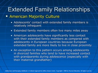 Extended Family Relationships
      American Majority Culture
         • Adolescents’ contact with extended family members is
           relatively infrequent
         • Extended family members often live many miles away
         • American adolescents have significantly less contact
           with their extended family members as compared with
           adolescents in European countries because European
           extended family are more likely to live in close proximity
         • An exception to this pattern occurs among adolescents
           in divorced families who tend to have increased contact
           with grandparents during adolescence (especially with
           their maternal grandfather)


Adolescence and Emerging Adulthood: A Cultural Approach by Jeffrey Jensen Arnett. Copyright © 2004 by Pearson Education. All rights reserved.
 