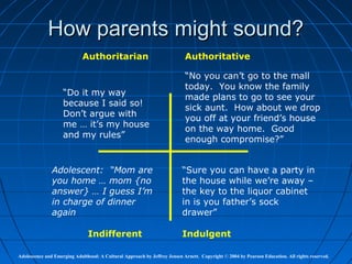 How parents might sound?
                             Authoritarian                                 Authoritative

                                                                           “No you can’t go to the mall
                                                                           today. You know the family
                    “Do it my way
                                                                           made plans to go to see your
                    because I said so!
                                                                           sick aunt. How about we drop
                    Don’t argue with
                                                                           you off at your friend’s house
                    me … it’s my house
                                                                           on the way home. Good
                    and my rules”
                                                                           enough compromise?”


               Adolescent: “Mom are                                       “Sure you can have a party in
               you home … mom {no                                         the house while we’re away –
               answer} … I guess I’m                                      the key to the liquor cabinet
               in charge of dinner                                        in is you father’s sock
               again                                                      drawer”

                               Indifferent                                Indulgent

Adolescence and Emerging Adulthood: A Cultural Approach by Jeffrey Jensen Arnett. Copyright © 2004 by Pearson Education. All rights reserved.
 