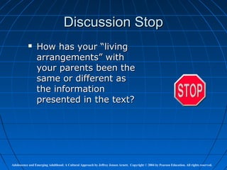 Discussion Stop
                How has your “living
                 arrangements” with
                 your parents been the
                 same or different as
                 the information
                 presented in the text?




Adolescence and Emerging Adulthood: A Cultural Approach by Jeffrey Jensen Arnett. Copyright © 2004 by Pearson Education. All rights reserved.
 