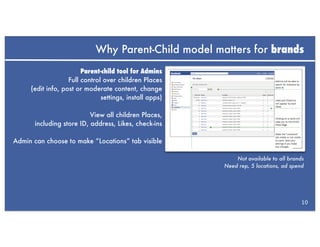 Why Parent-Child model matters for brands
                        Parent-child tool for Admins
                   Full control over children Places
     (edit info, post or moderate content, change
                               settings, install apps)

                          View all children Places,
      including store ID, address, Likes, check-ins

Admin can choose to make “Locations” tab visible

                                                             Not available to all brands
                                                         Need rep, 5 locations, ad spend




                                                                                       10
 