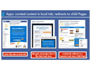 B     Apps: curated content in local tab; redirects to child Pages




    enter Zip code on local tab   like-gate encourages fans to      seamlessly redirects to a
                                       like their local store    seperate local store/child Page
                                                                                                   18
 
