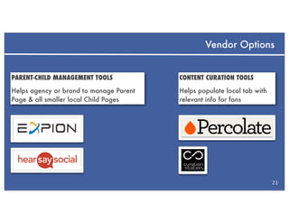 Vendor Options


PARENT-CHILD MANAGEMENT TOOLS            CONTENT CURATION TOOLS
Helps agency or brand to manage Parent   Helps populate local tab with
Page & all smaller local Child Pages     relevant info for fans




                                                                         21
 