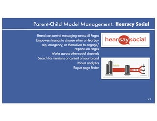 Parent-Child Model Management: Hearsay Social

  Brand can control messaging across all Pages
 Empowers brands to choose either a HearSay
     rep, an agency, or themselves to engage/
                             respond on Pages
            Works across other social channels
  Search for mentions or content of your brand
                               Robust analytics
                            Rogue page finder




                                                  23
 