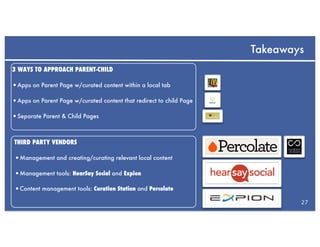 Takeaways
3 WAYS TO APPROACH PARENT-CHILD

•Apps on Parent Page w/curated content within a local tab

•Apps on Parent Page w/curated content that redirect to child Page

•Separate Parent & Child Pages


THIRD PARTY VENDORS

•Management and creating/curating relevant local content

•Management tools: HearSay Social and Expion

•Content management tools: Curation Station and Percolate
                                                                             27
 