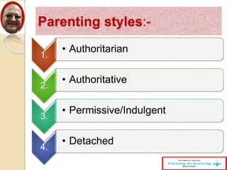 Parenting styles:-
1.
• Authoritarian
2.
• Authoritative
3.
• Permissive/Indulgent
4.
• Detached
 