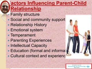 Factors Influencing Parent-Child
Relationship
 Family structure
 Social and community support
 Relationship History
 Emotional system
 Temperament
 Parenting Experiences
 Intellectual Capacity
 Education (formal and informal)
 Cultural context and experiences
 
