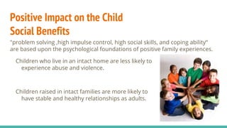 Positive Impact on the Child
Social Benefits
"problem solving ,high impulse control, high social skills, and coping ability“
are based upon the psychological foundations of positive family experiences.
Children who live in an intact home are less likely to
experience abuse and violence.
Children raised in intact families are more likely to
have stable and healthy relationships as adults.
 