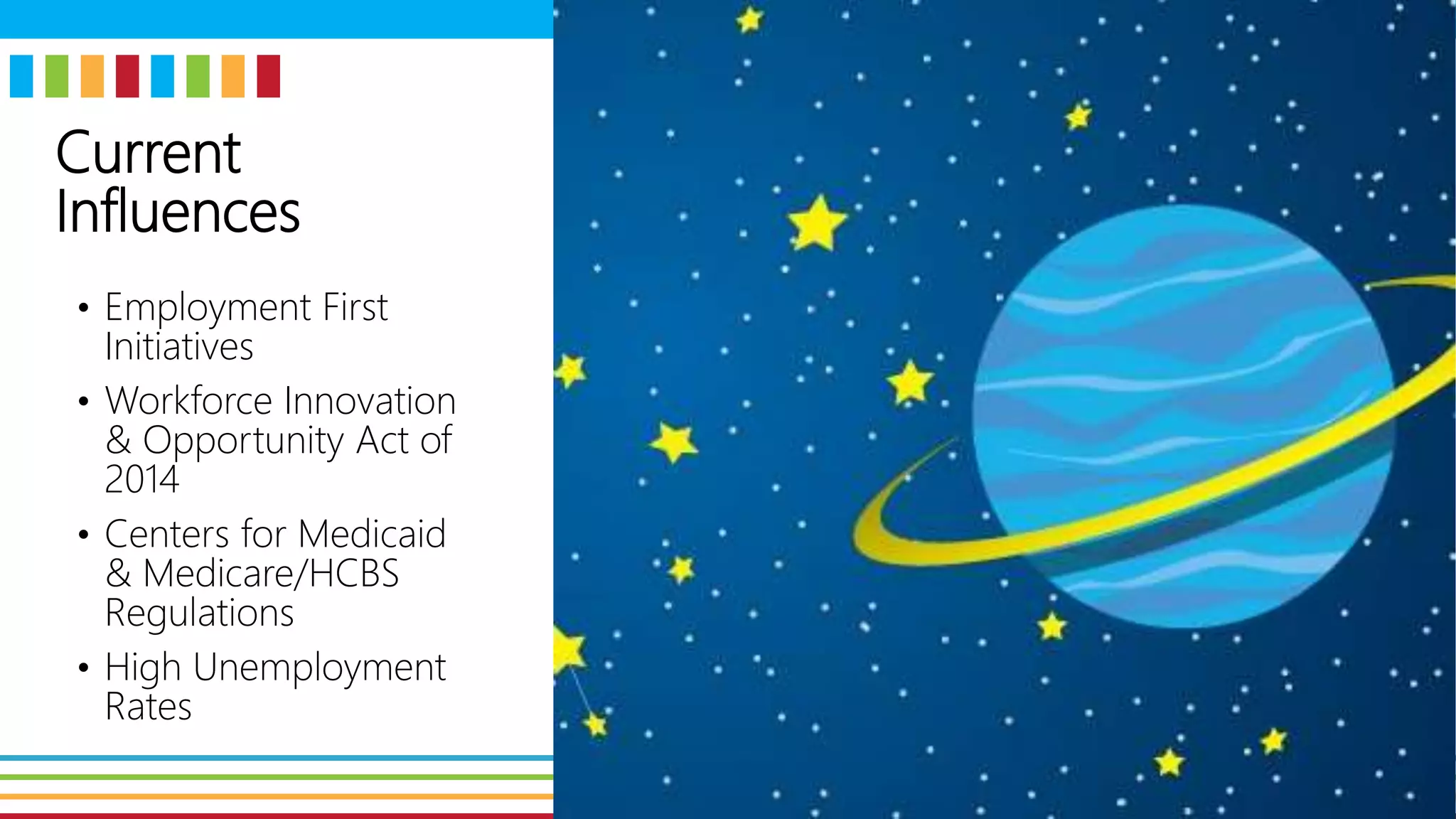 Current
Influences
• Employment First
Initiatives
• Workforce Innovation
& Opportunity Act of
2014
• Centers for Medicaid
& Medicare/HCBS
Regulations
• High Unemployment
Rates
 