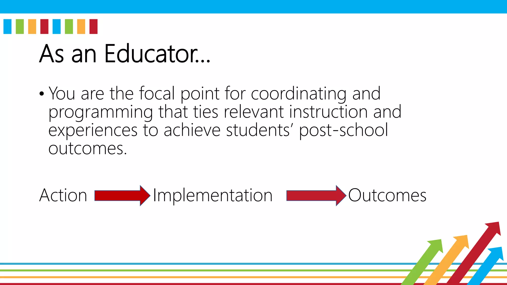 As an Educator…
• You are the focal point for coordinating and
programming that ties relevant instruction and
experiences to achieve students’ post-school
outcomes.
Action Implementation Outcomes
 