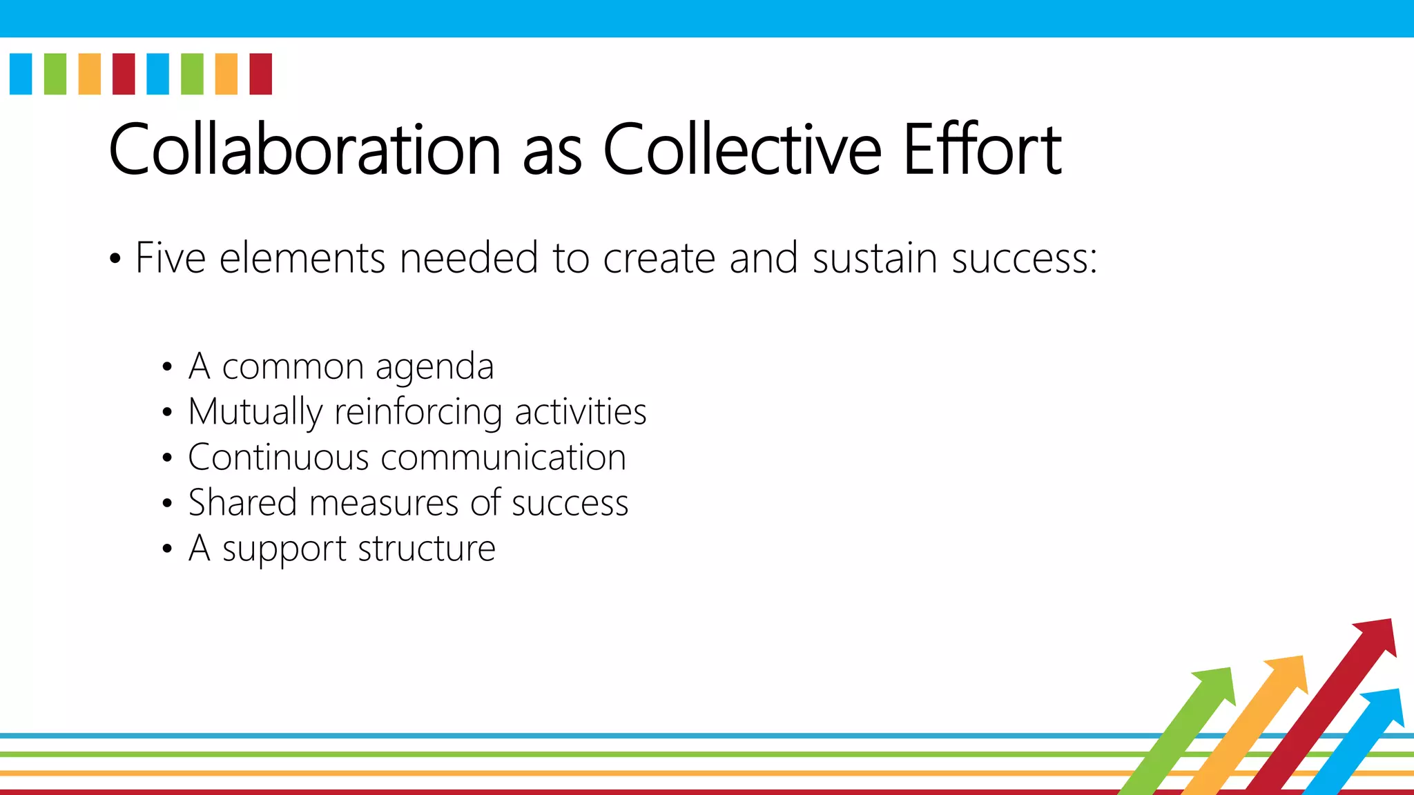Collaboration as Collective Effort
• Five elements needed to create and sustain success:
• A common agenda
• Mutually reinforcing activities
• Continuous communication
• Shared measures of success
• A support structure
 