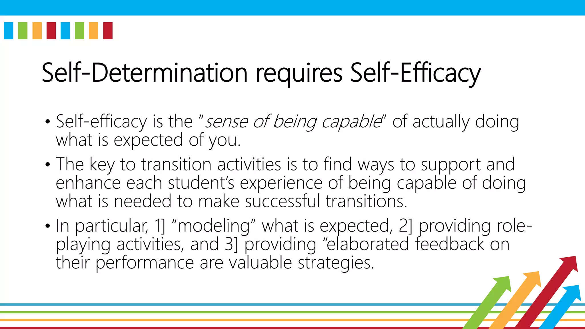 Self-Determination requires Self-Efficacy
• Self-efficacy is the “sense of being capable” of actually doing
what is expected of you.
• The key to transition activities is to find ways to support and
enhance each student’s experience of being capable of doing
what is needed to make successful transitions.
• In particular, 1] “modeling” what is expected, 2] providing role-
playing activities, and 3] providing “elaborated feedback on
their performance are valuable strategies.
 