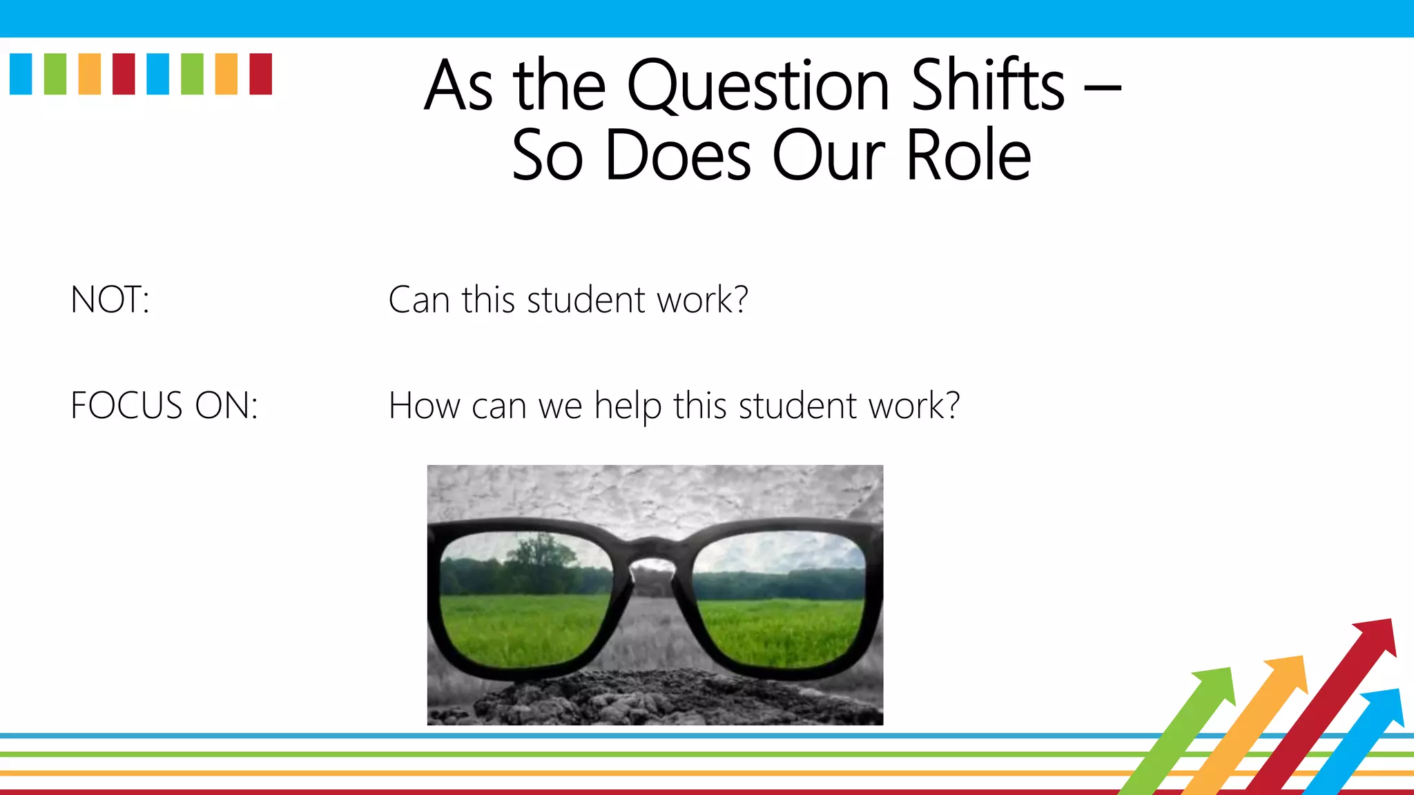 As the Question Shifts –
So Does Our Role
NOT: Can this student work?
FOCUS ON: How can we help this student work?
 