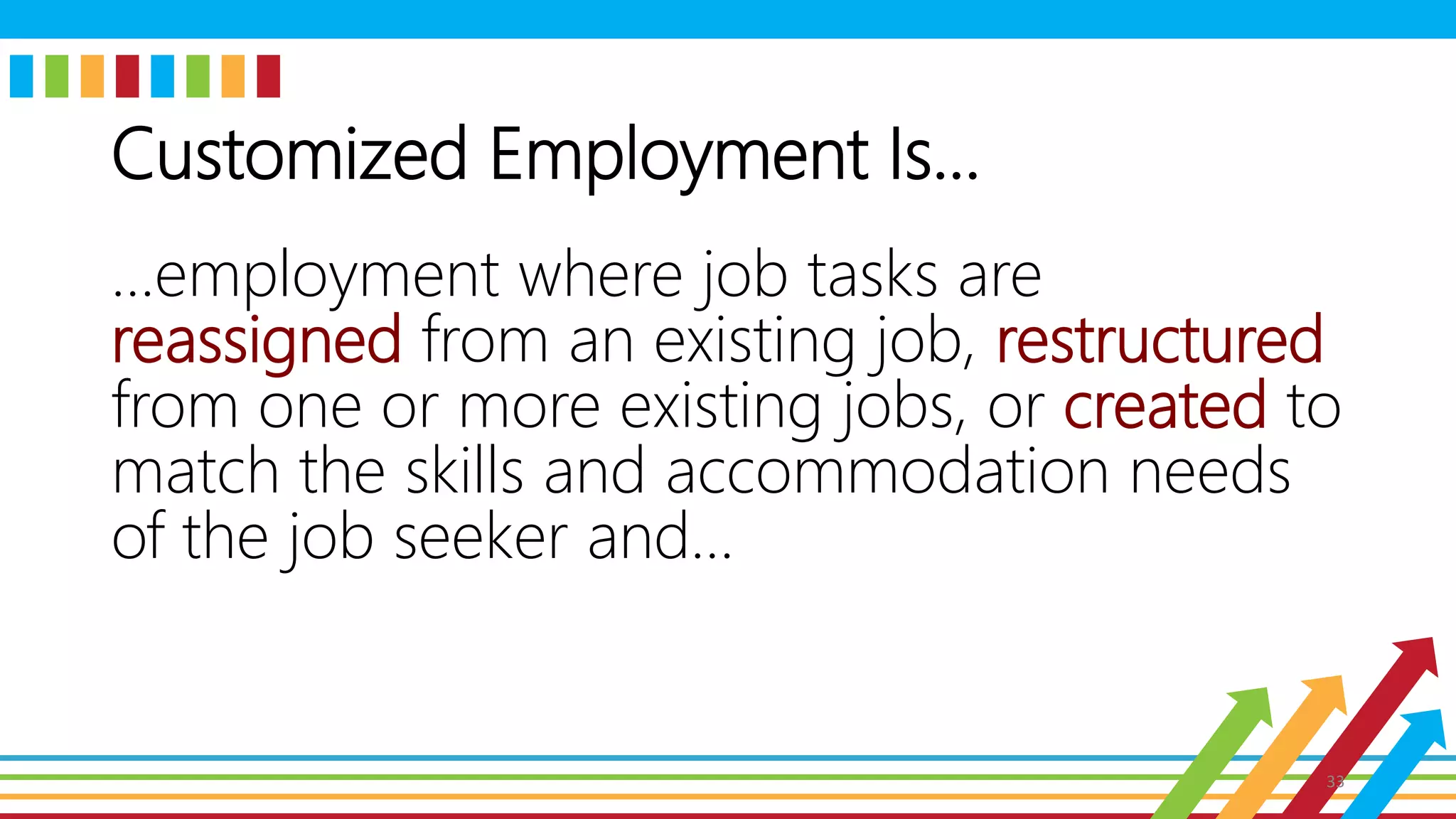 Customized Employment Is…
…employment where job tasks are
reassigned from an existing job, restructured
from one or more existing jobs, or created to
match the skills and accommodation needs
of the job seeker and…
33
 