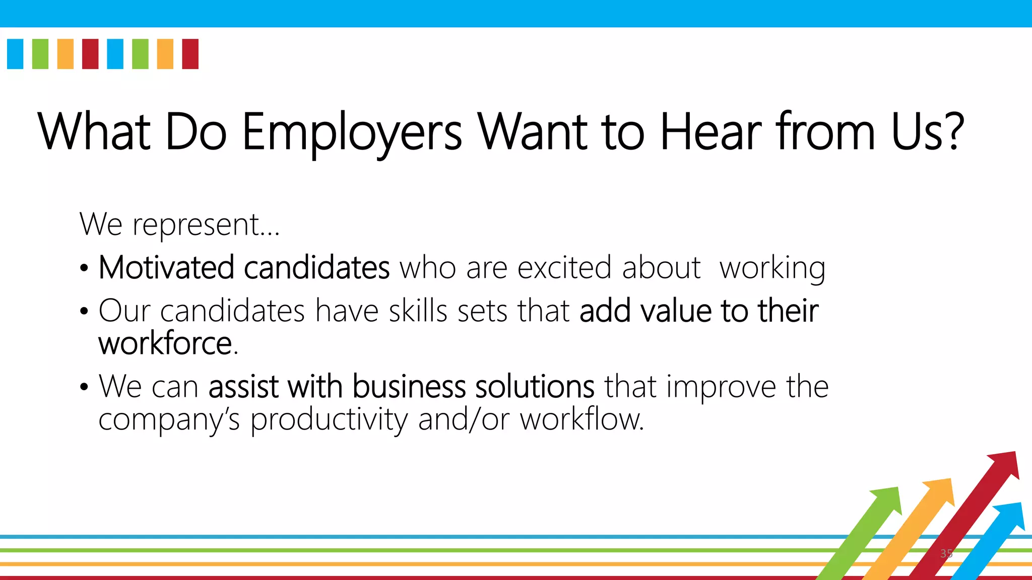 What Do Employers Want to Hear from Us?
We represent…
• Motivated candidates who are excited about working
• Our candidates have skills sets that add value to their
workforce.
• We can assist with business solutions that improve the
company’s productivity and/or workflow.
35
 