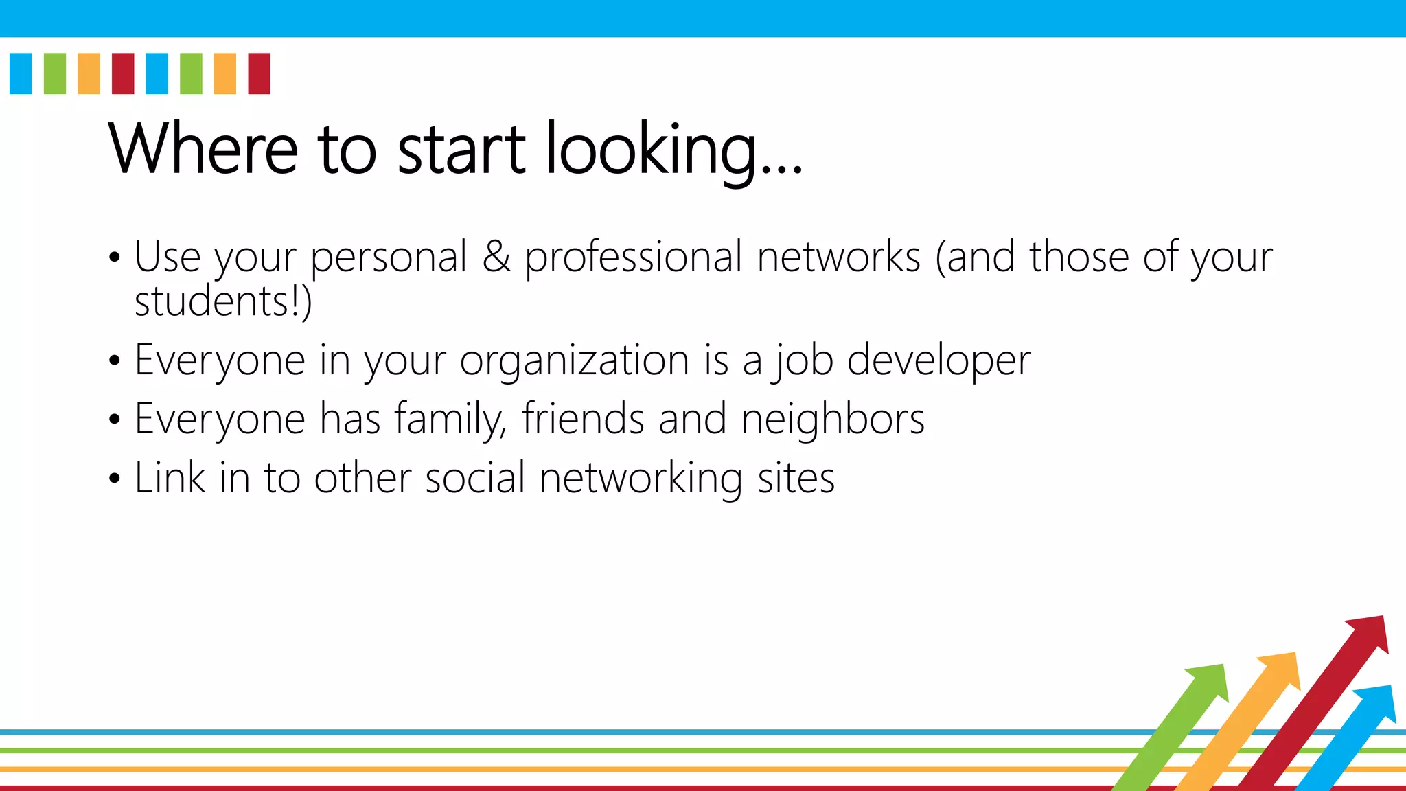 Where to start looking…
• Use your personal & professional networks (and those of your
students!)
• Everyone in your organization is a job developer
• Everyone has family, friends and neighbors
• Link in to other social networking sites
 