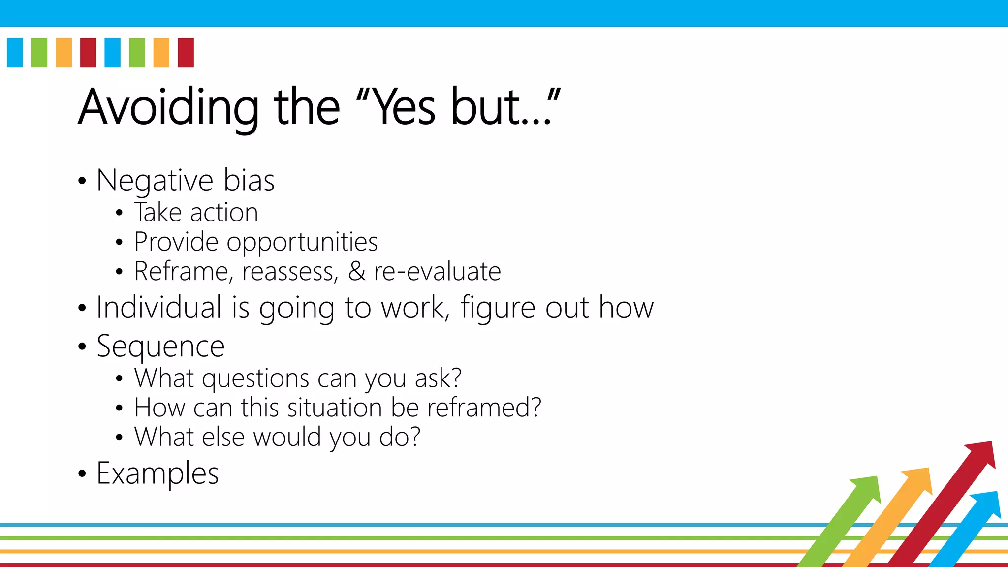 Avoiding the “Yes but…”
• Negative bias
• Take action
• Provide opportunities
• Reframe, reassess, & re-evaluate
• Individual is going to work, figure out how
• Sequence
• What questions can you ask?
• How can this situation be reframed?
• What else would you do?
• Examples
 