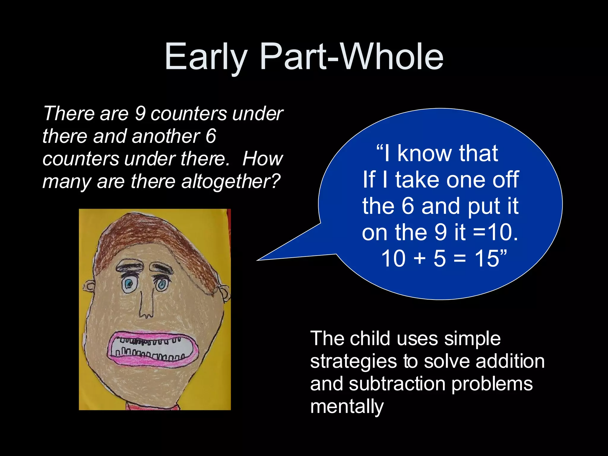 Early Part-Whole “ I know that  If I take one off the 6 and put it on the 9 it =10.  10 + 5 = 15” There are 9 counters under there and another 6 counters under there.  How many are there altogether? The child uses simple strategies to solve addition and subtraction problems mentally 