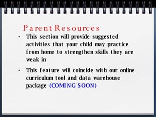 Parent Resources This section will provide suggested activities that your child may practice from home to strengthen skills they are weak in This feature will coincide with our online curriculum tool and data warehouse package  (COMING SOON) 