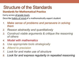 Structure of the Standards
Standards for Mathematical Practice
Carry across all grade levels
Describe habits of mind of a mathematically expert student

1.   Make sense of problems and persevere in solving
     them
2.   Reason abstractly and quantitatively
3.   Construct viable arguments & critique the reasoning
     of others
4.   Model with mathematics
5.   Use appropriate tools strategically
6.   Attend to precision
7.   Look for and make use of structure
8.   Look for and express regularity in repeated reasoning
 