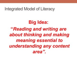 Integrated Model of Literacy


           Big Idea:
   “Reading and writing are
  about thinking and making
     meaning essential to
  understanding any content
            area”.
 