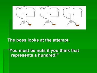 The boss looks at the attempt.

"You must be nuts if you think that
  represents a hundred!"
 